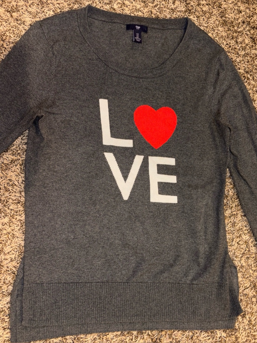 GAP Gray Crewneck Sweater with Red Heart LOVE Graphic